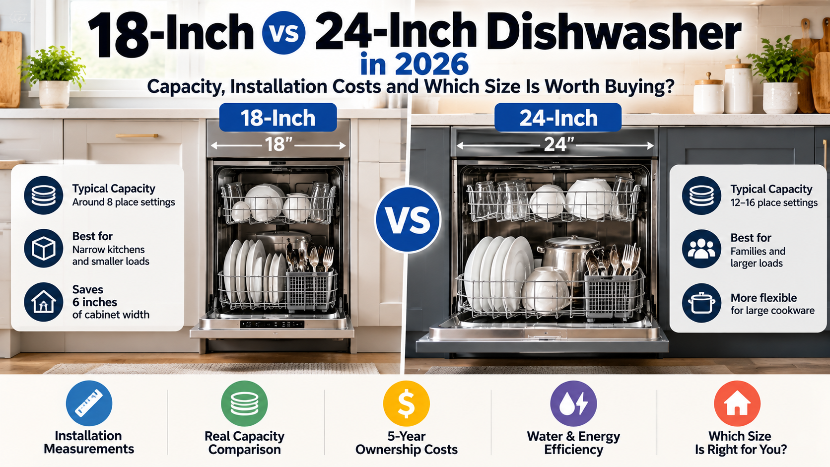 18-inch vs 24-inch built-in dishwasher comparison in 2026, showing differences in capacity, installation measurements, kitchen space, and five-year ownership costs.