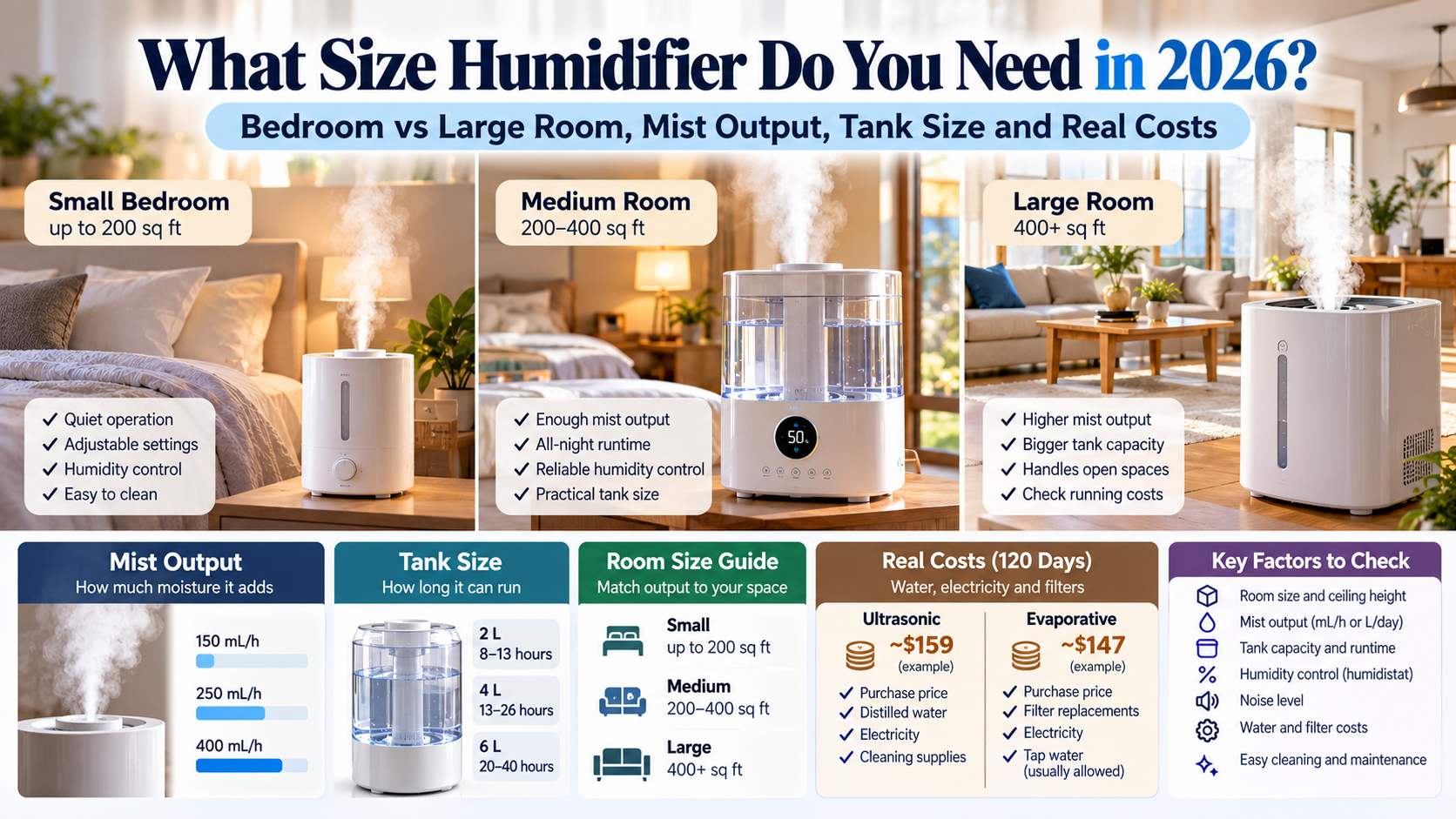 Humidifier size guide for 2026 comparing bedroom and large room humidifiers, mist output, water tank capacity, runtime, and operating costs.