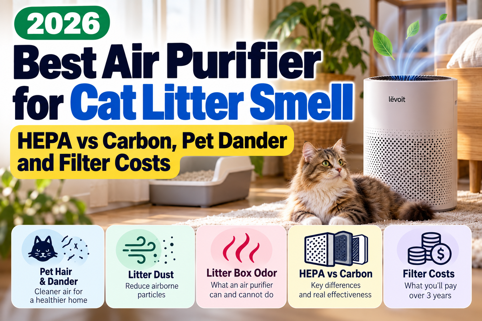 Best air purifier for cat litter smell in 2026, comparing HEPA and carbon filters, pet dander, litter dust, odor control, and filter costs.