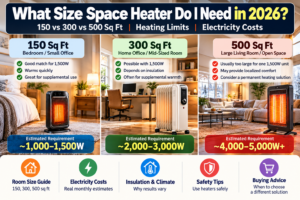 Space heater sizing guide for 150, 300 and 500 square foot rooms in 2026, comparing heating capacity, electricity costs, insulation and safety.