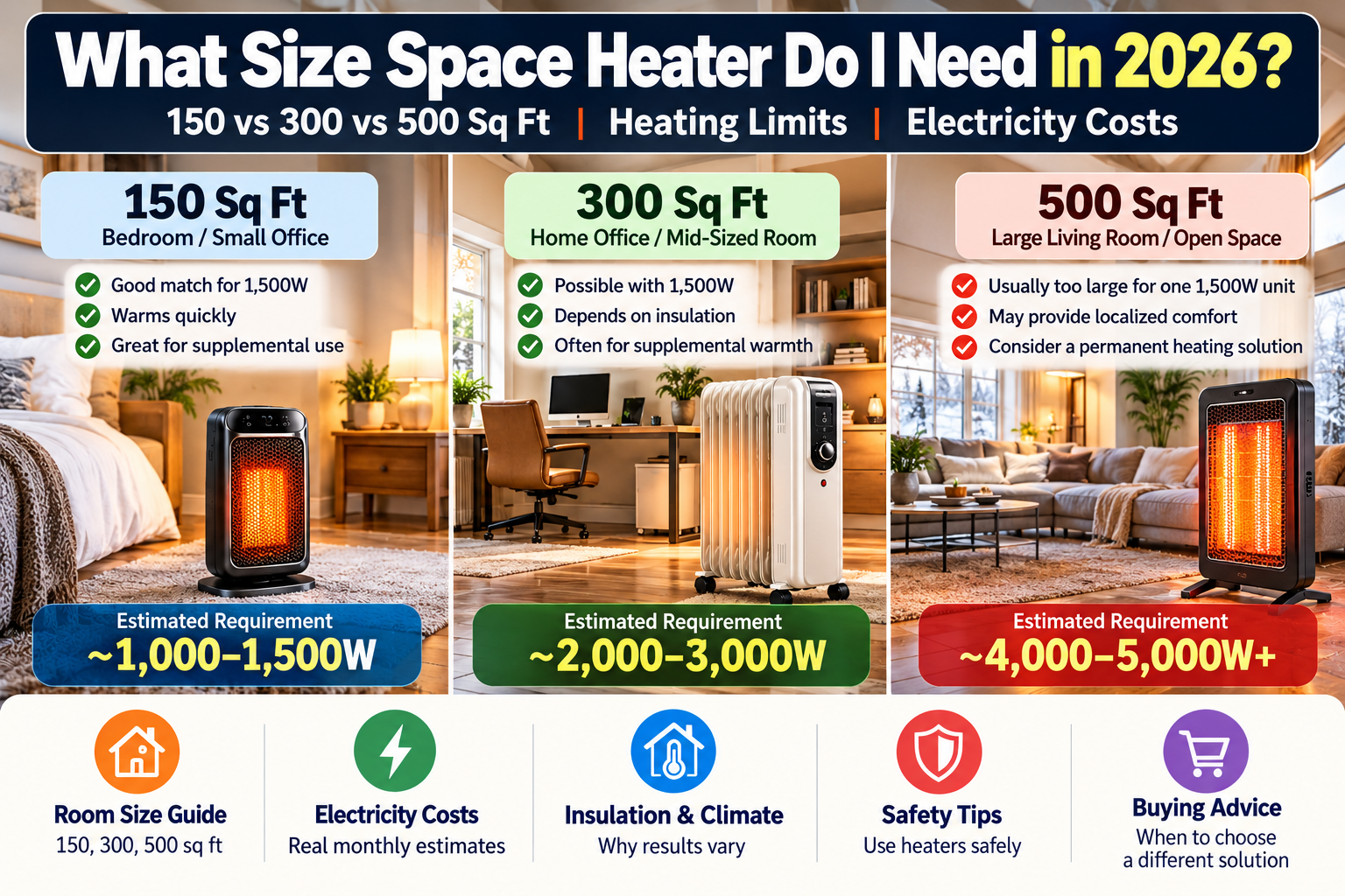 Space heater sizing guide for 150, 300 and 500 square foot rooms in 2026, comparing heating capacity, electricity costs, insulation and safety.