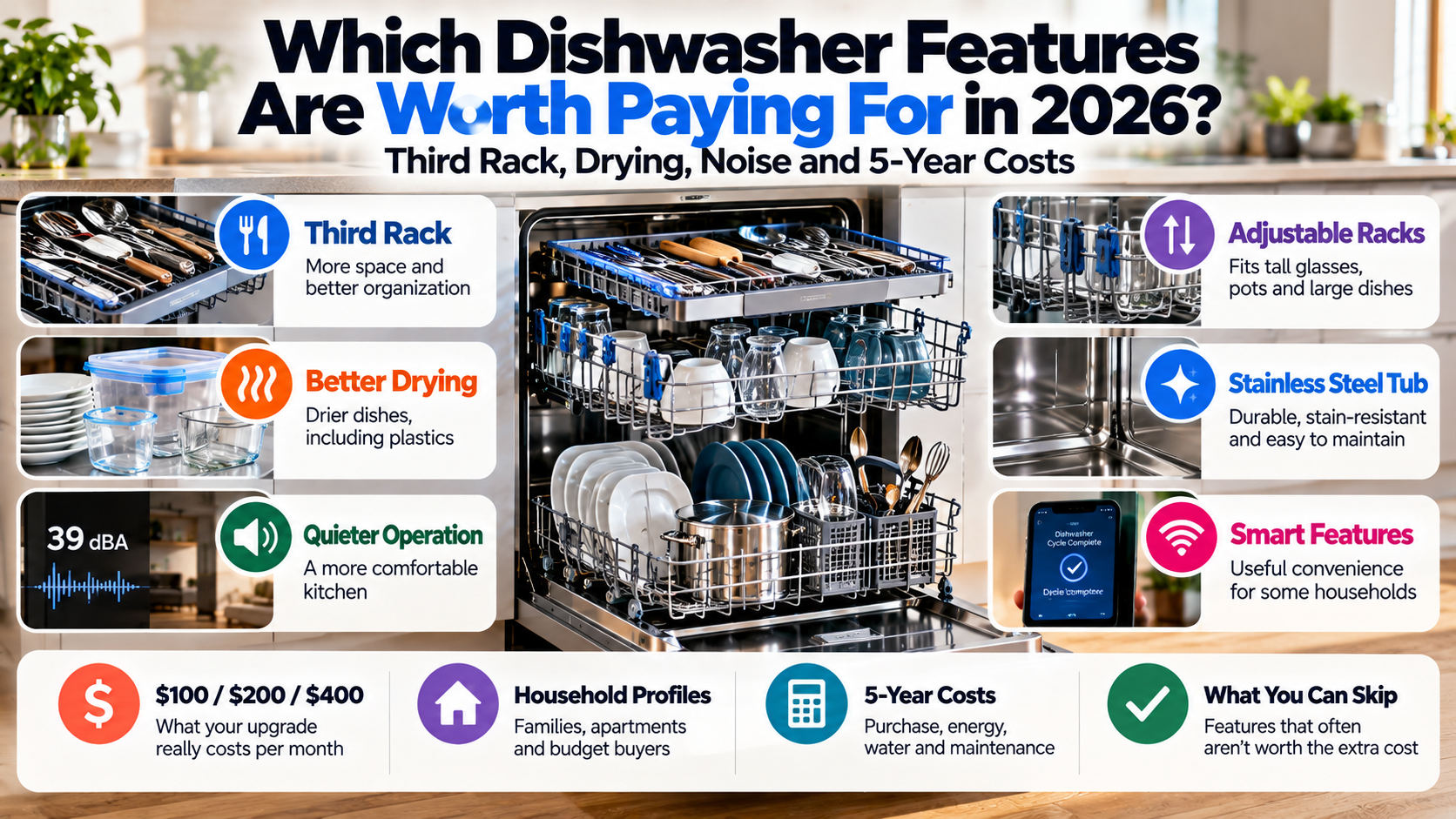 Dishwasher features worth paying for in 2026, comparing third racks, drying performance, 39 dBA quiet operation, adjustable racks, stainless steel tubs, and smart features, with five-year ownership costs.