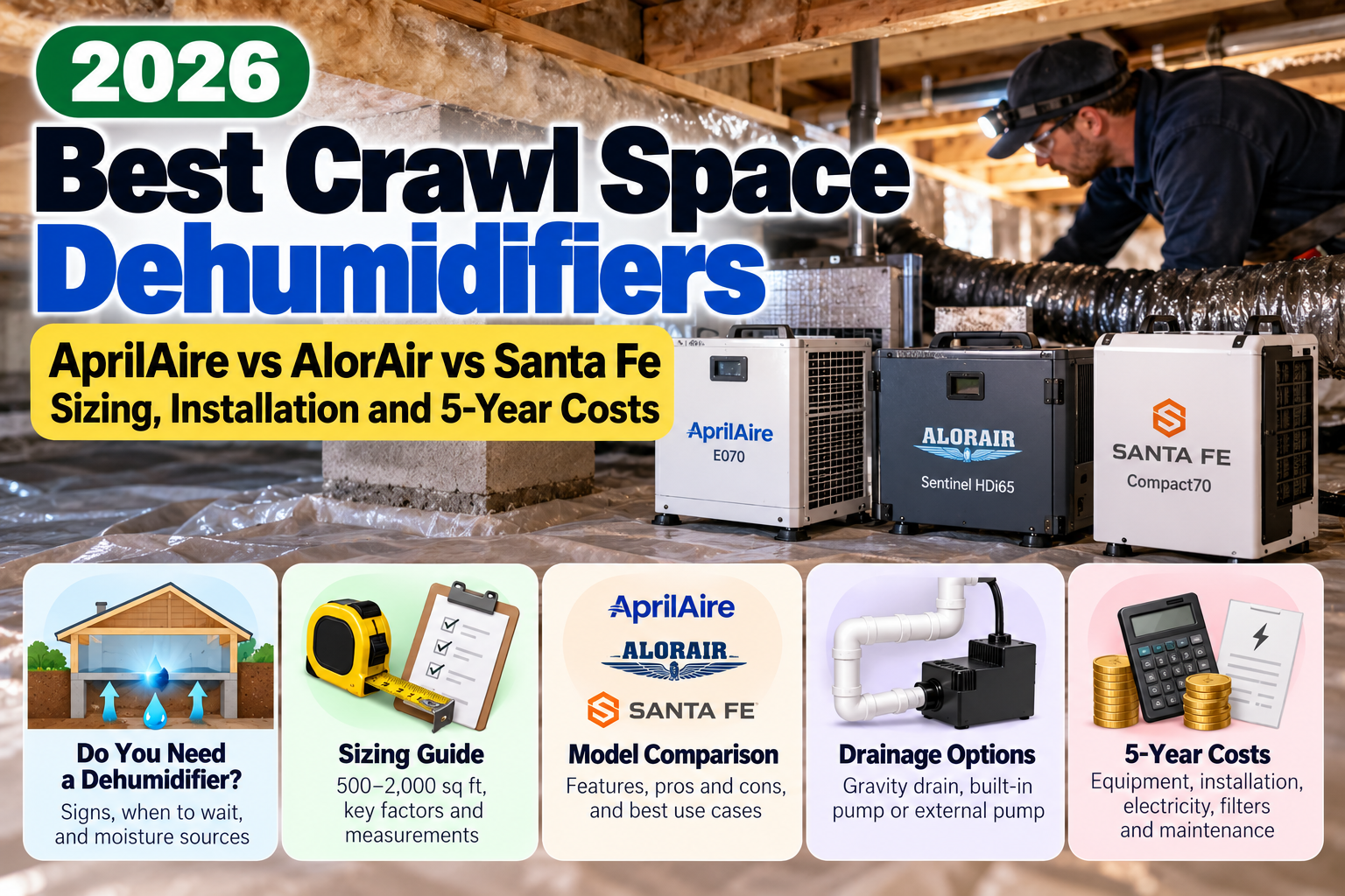 Best crawl space dehumidifiers in 2026 comparing AprilAire, AlorAir and Santa Fe models, sizing, drainage installation and five-year ownership costs.
