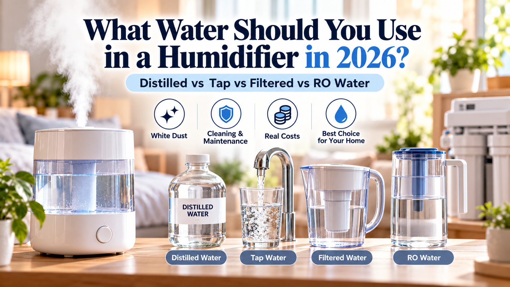 Humidifier water comparison showing distilled water, tap water, filtered water, and reverse osmosis water for reducing white dust and running costs.