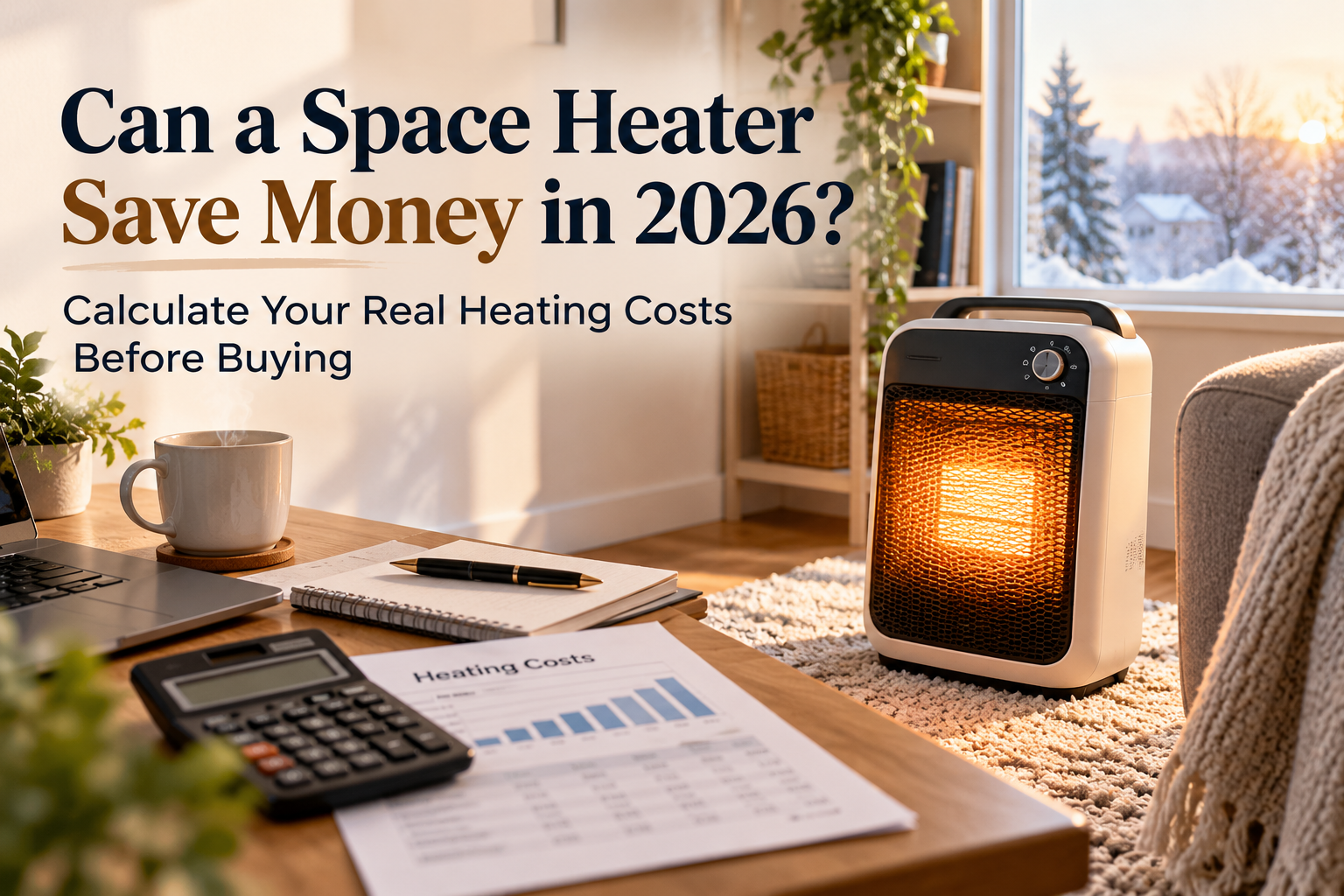 Space heater in a cozy home office with a calculator and heating cost chart, illustrating whether a space heater can save money in 2026.