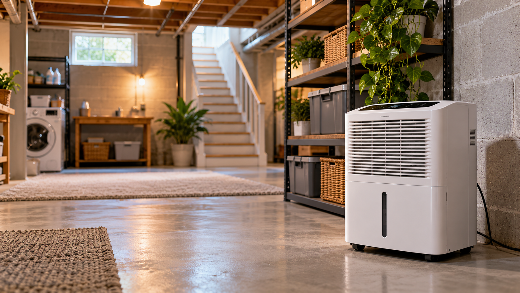 Modern portable dehumidifier in a clean residential basement with laundry and storage space.