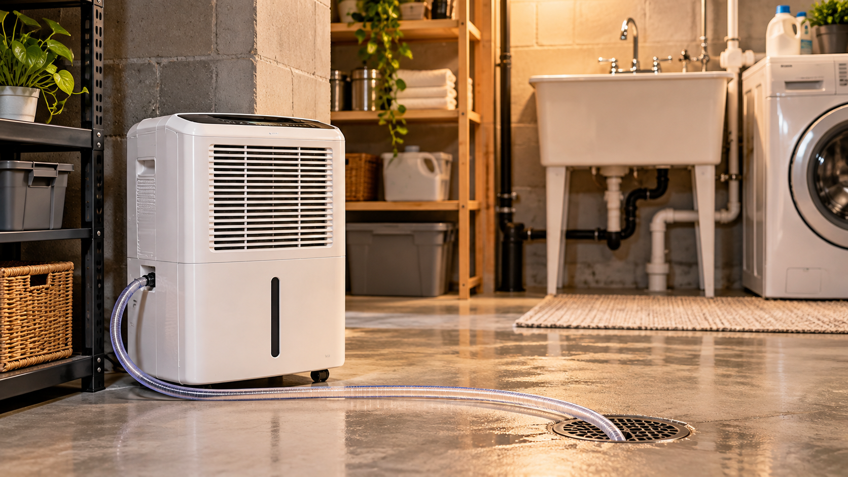 Basement dehumidifier with a drainage hose connected to a floor drain in a residential laundry room.