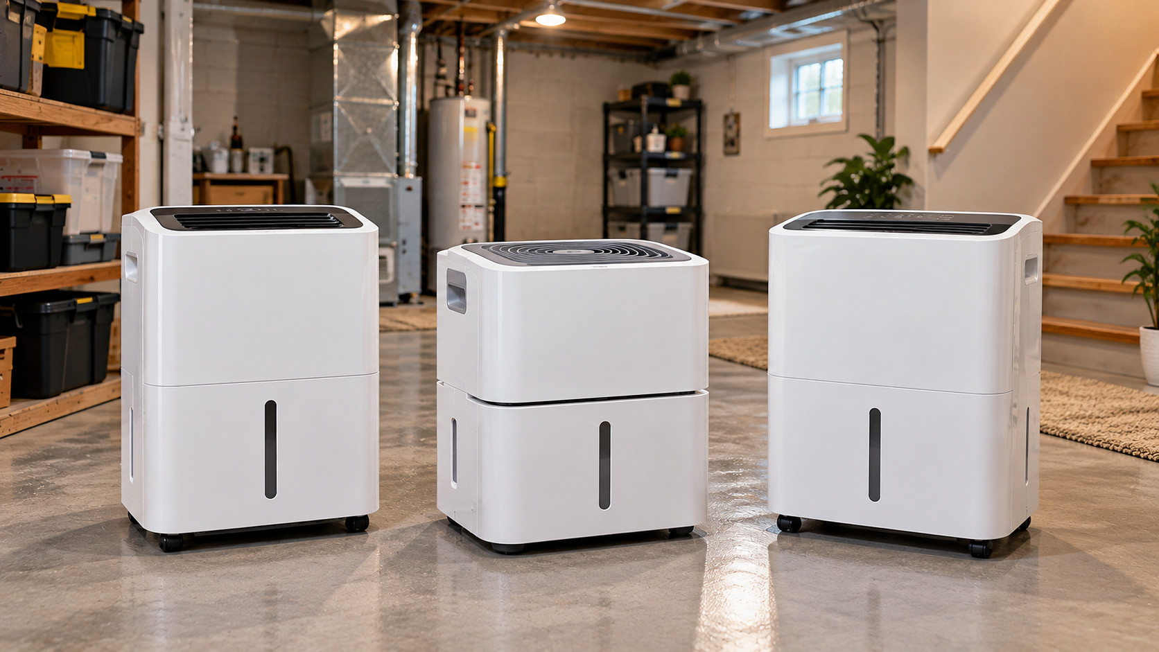 Three modern white portable dehumidifiers displayed in a residential basement utility room, illustrating a comparison of basement dehumidifier options.
