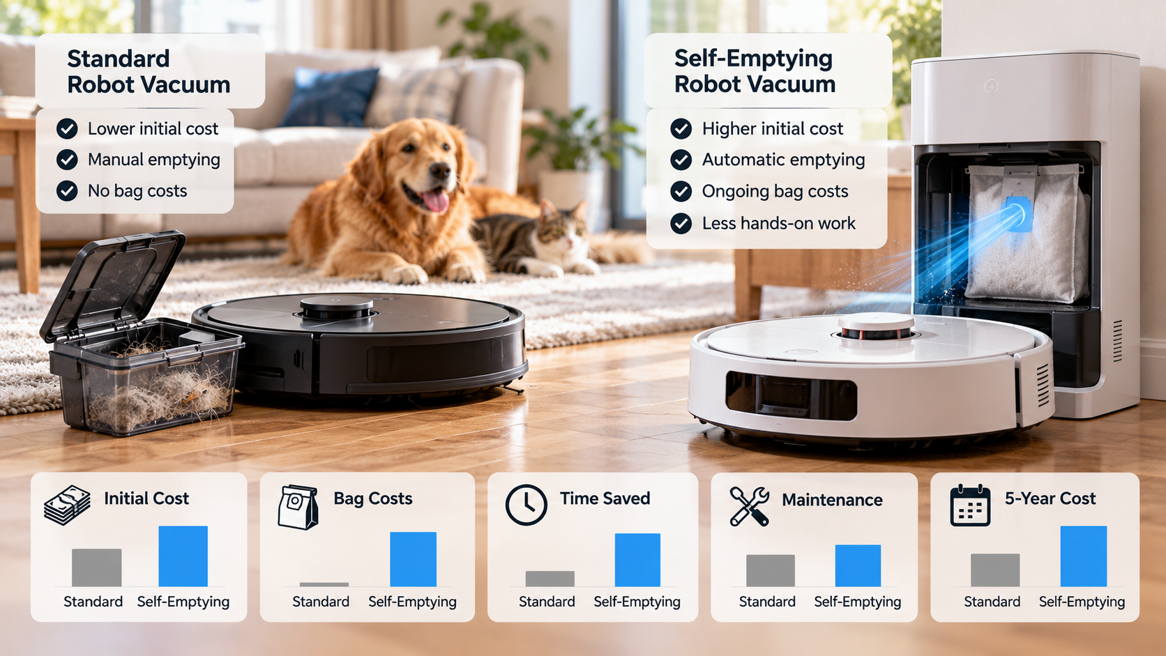 Standard robot vacuum vs self-emptying robot vacuum comparison showing dust disposal, bag costs, maintenance, time savings and five-year ownership costs
