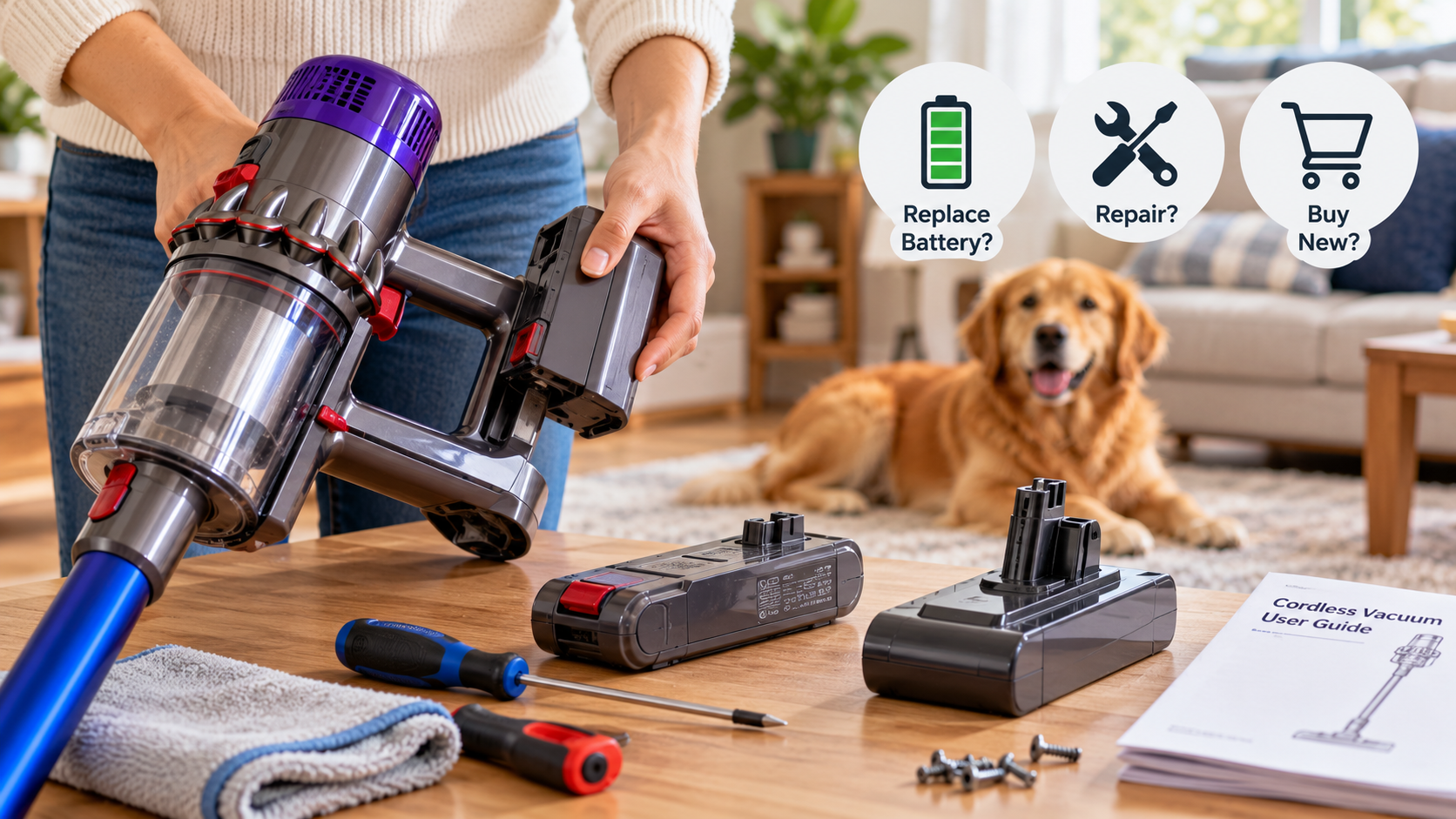 Cordless vacuum battery replacement comparison showing removable batteries, repair tools and the decision to repair or buy a new vacuum