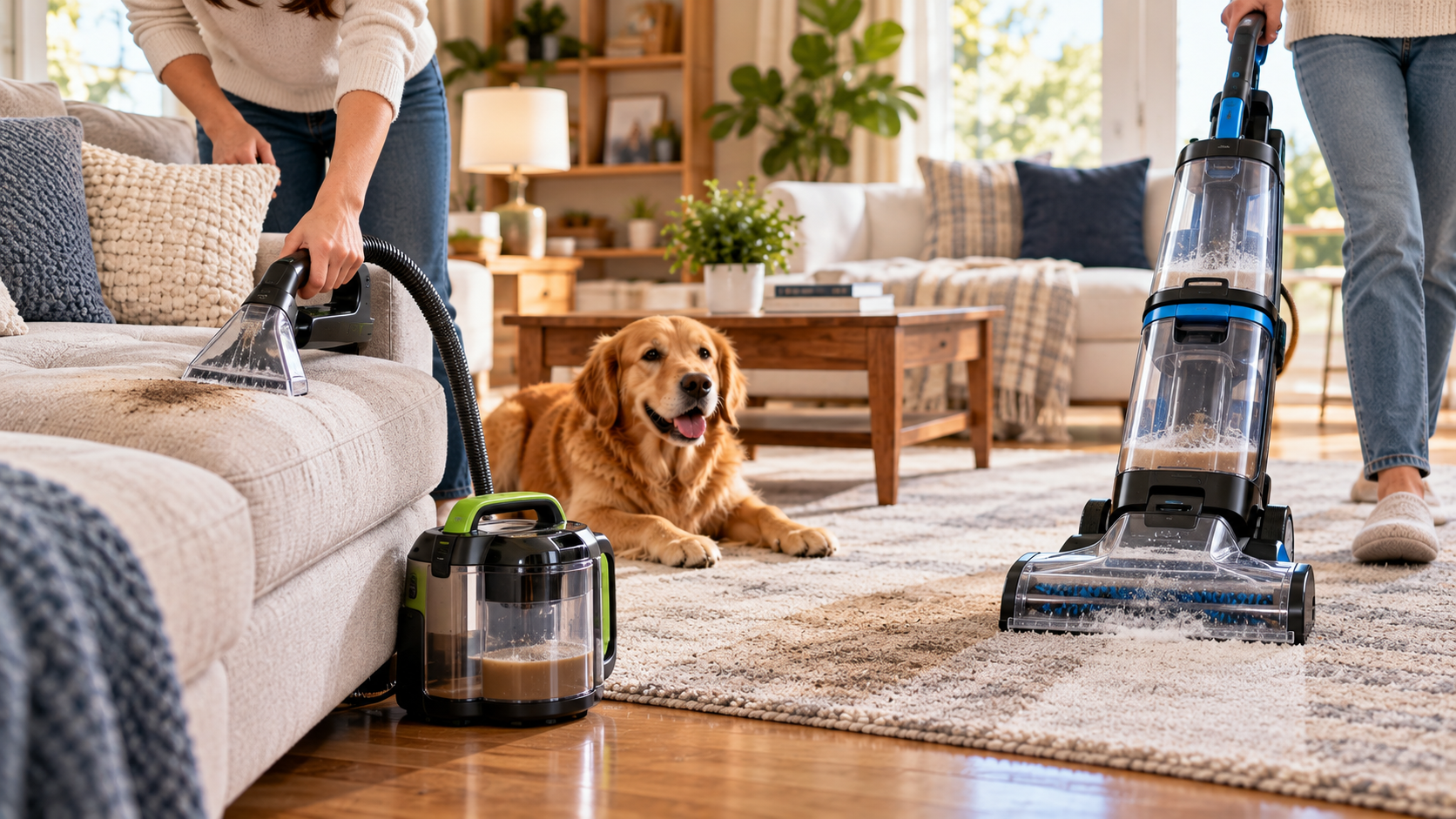 Portable carpet cleaner cleaning a sofa beside a full-size upright carpet cleaner on a living room rug with a golden retriever