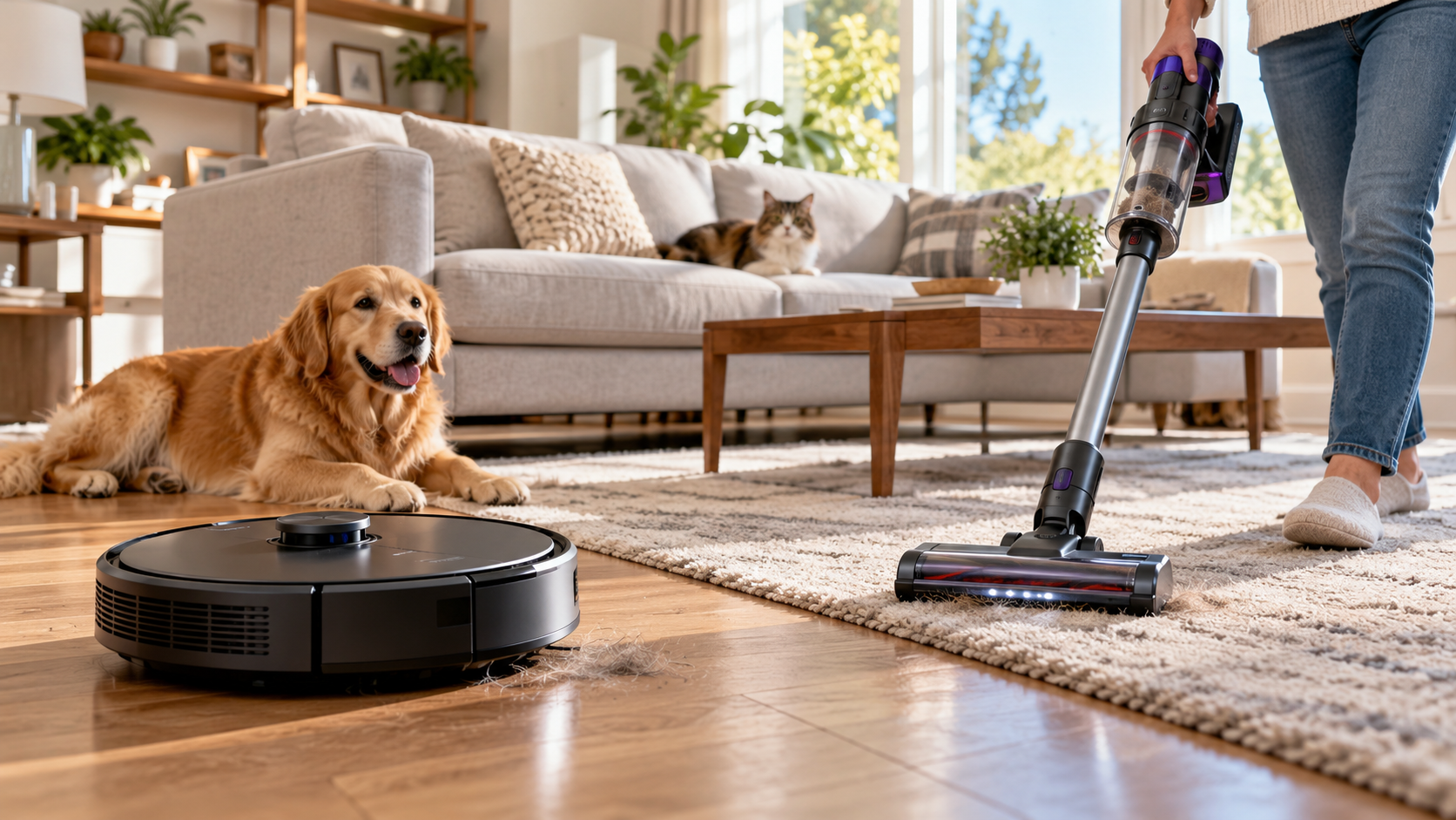 Robot vacuum and cordless stick vacuum cleaning hardwood floors and carpet in a pet-friendly living room