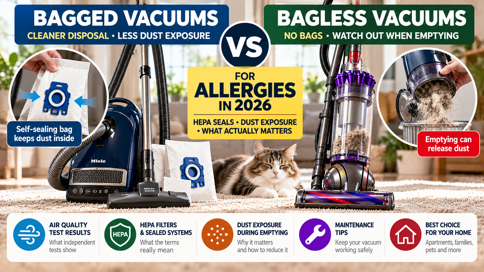 Bagged vs bagless vacuums for allergies in 2026, comparing sealed HEPA filtration, self-sealing dust bags, dust exposure during emptying, and allergy-conscious vacuum maintenance.