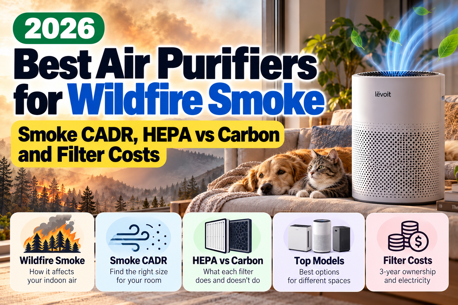Best air purifiers for wildfire smoke in 2026, comparing smoke CADR, HEPA and carbon filters, room sizes, top models, and long-term filter costs.