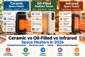 Ceramic vs oil-filled vs infrared space heaters in 2026 comparing heating performance, electricity costs, safety features and buying value.
