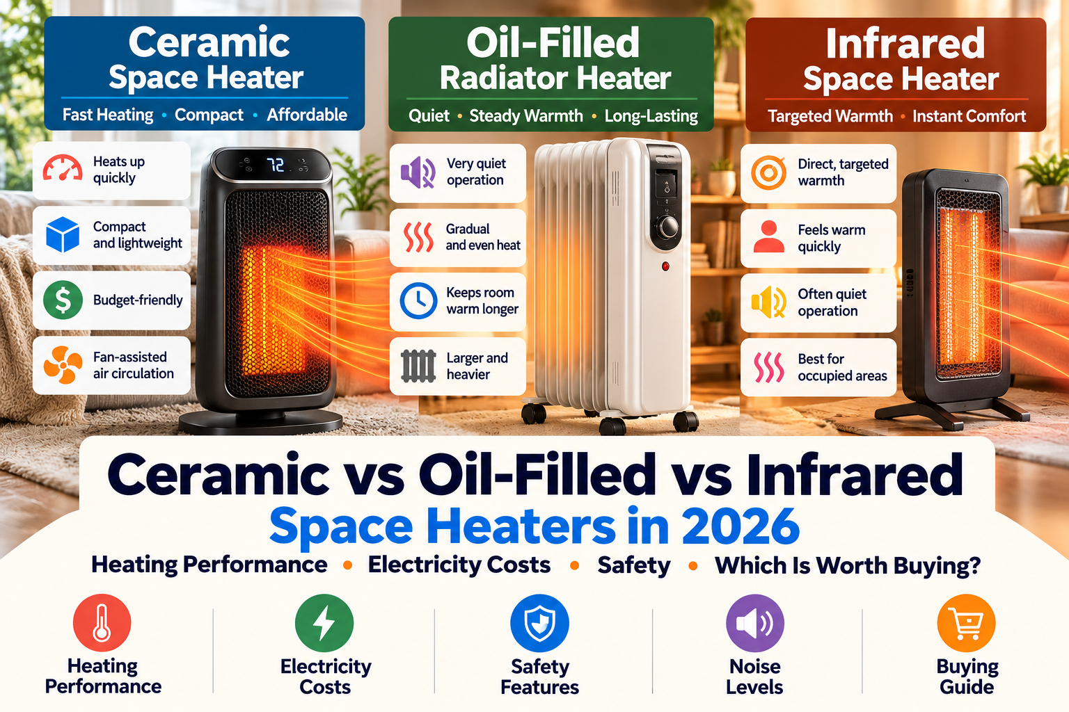 Ceramic vs oil-filled vs infrared space heaters in 2026 comparing heating performance, electricity costs, safety features and buying value.