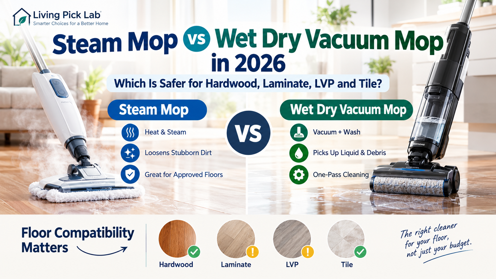Steam mop vs wet dry vacuum mop comparison in 2026, showing floor cleaning features and safety considerations for hardwood, laminate, LVP and tile.