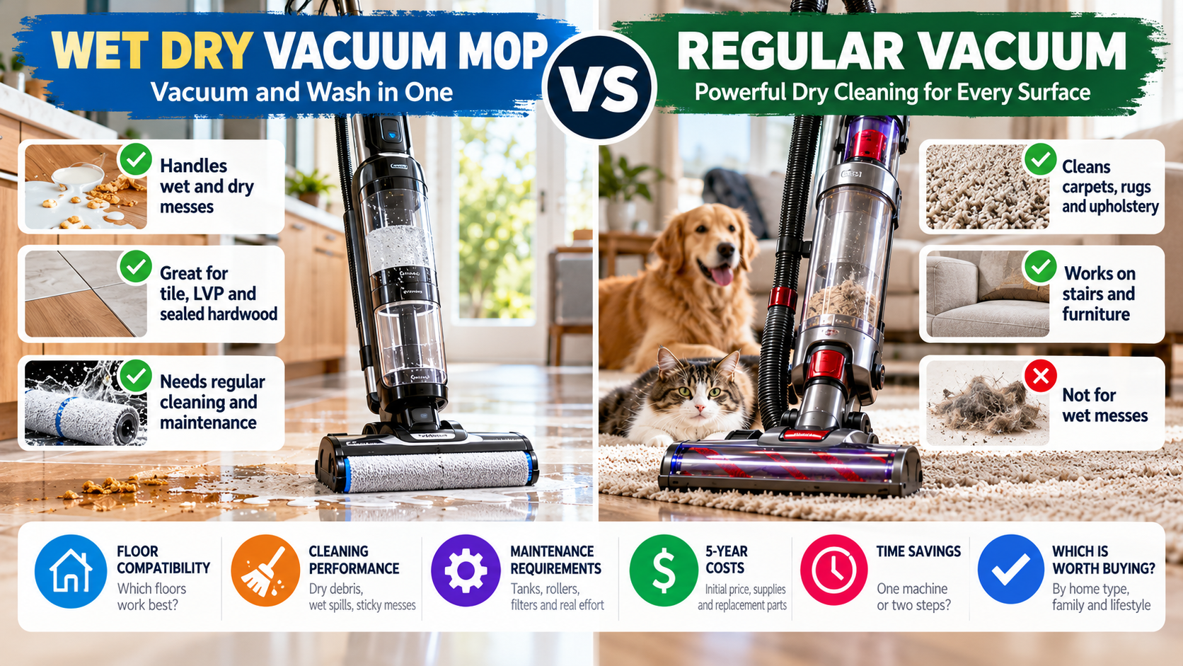 Wet dry vacuum mop vs regular vacuum in 2026, comparing hard floor cleaning, wet spills, carpet and upholstery cleaning, maintenance requirements, five-year costs, and time savings.