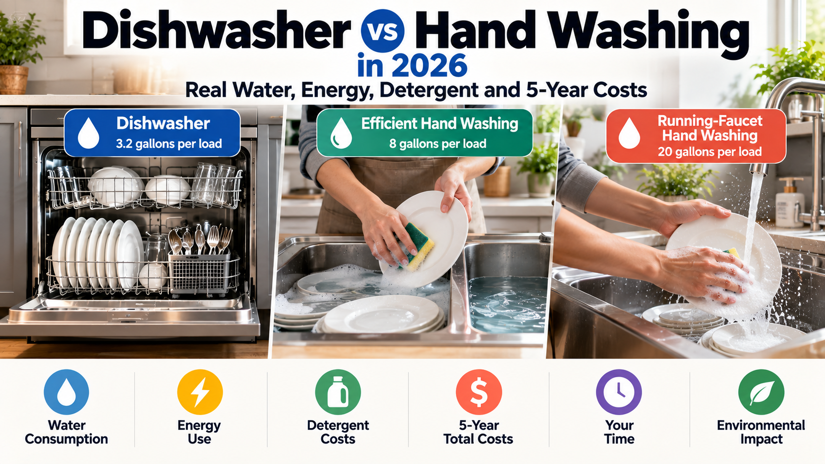Dishwasher vs hand washing comparison in 2026, showing water consumption for a dishwasher, efficient hand washing, and running-faucet washing, alongside energy, detergent, and five-year costs.