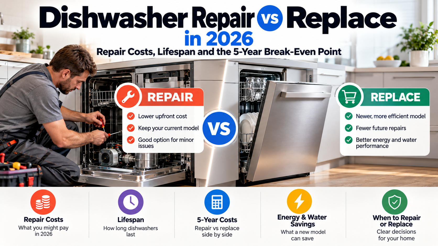 Dishwasher repair vs replace comparison in 2026, showing a technician repairing an existing dishwasher beside a new model, with repair costs, lifespan, five-year expenses, and energy savings.
