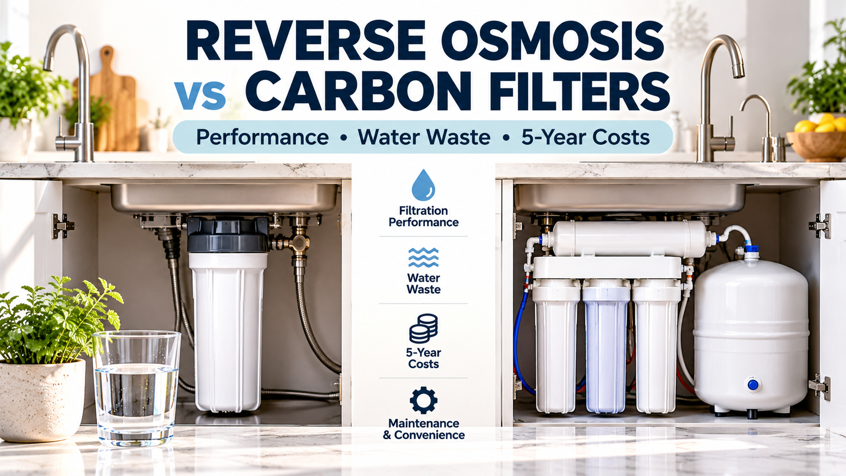 Reverse osmosis vs carbon water filtration systems under kitchen sinks, comparing filtration performance, wastewater and five-year costs.