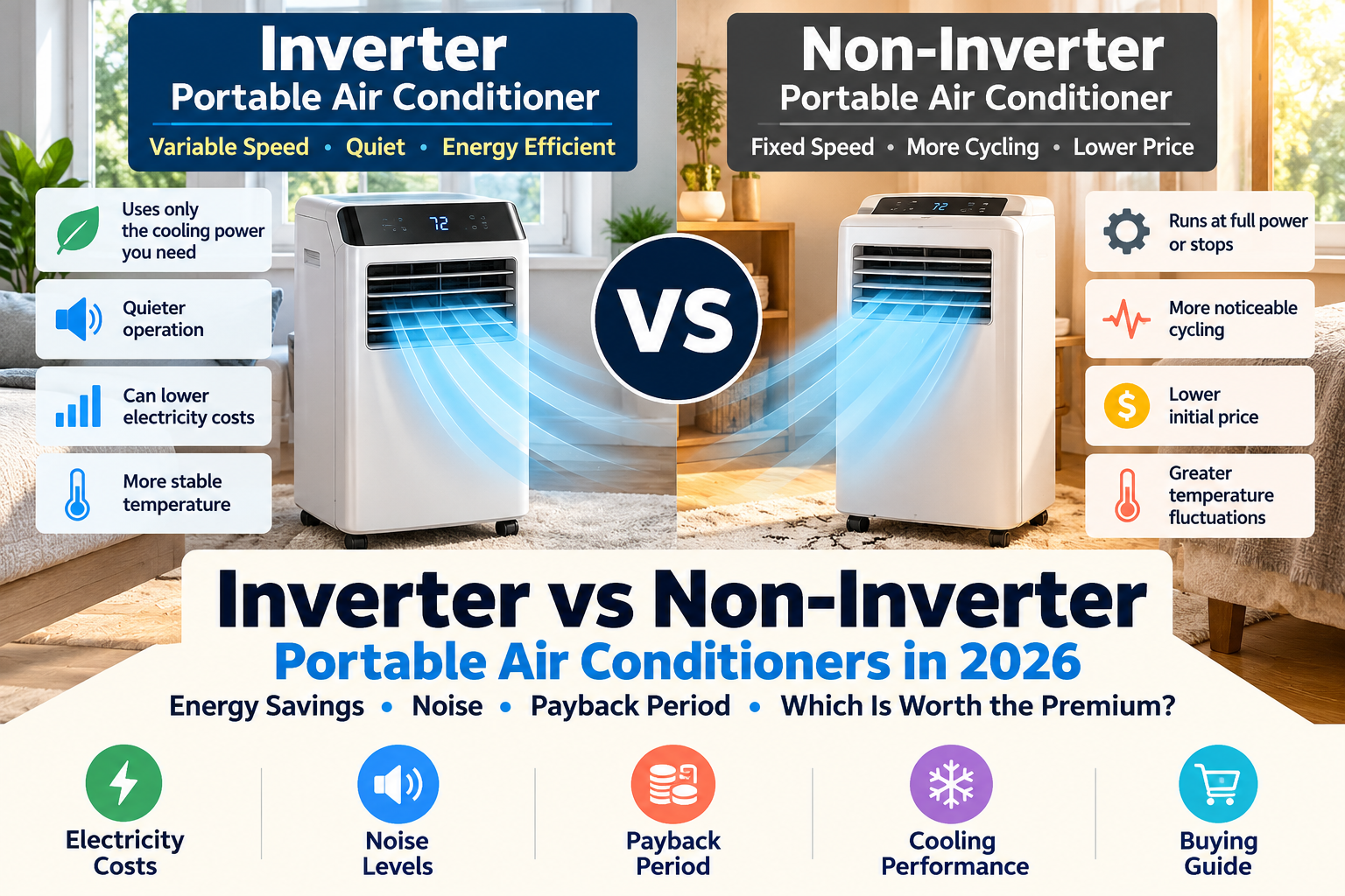 Inverter vs non-inverter portable air conditioners in 2026 comparing energy savings, noise levels, cooling performance and payback period.