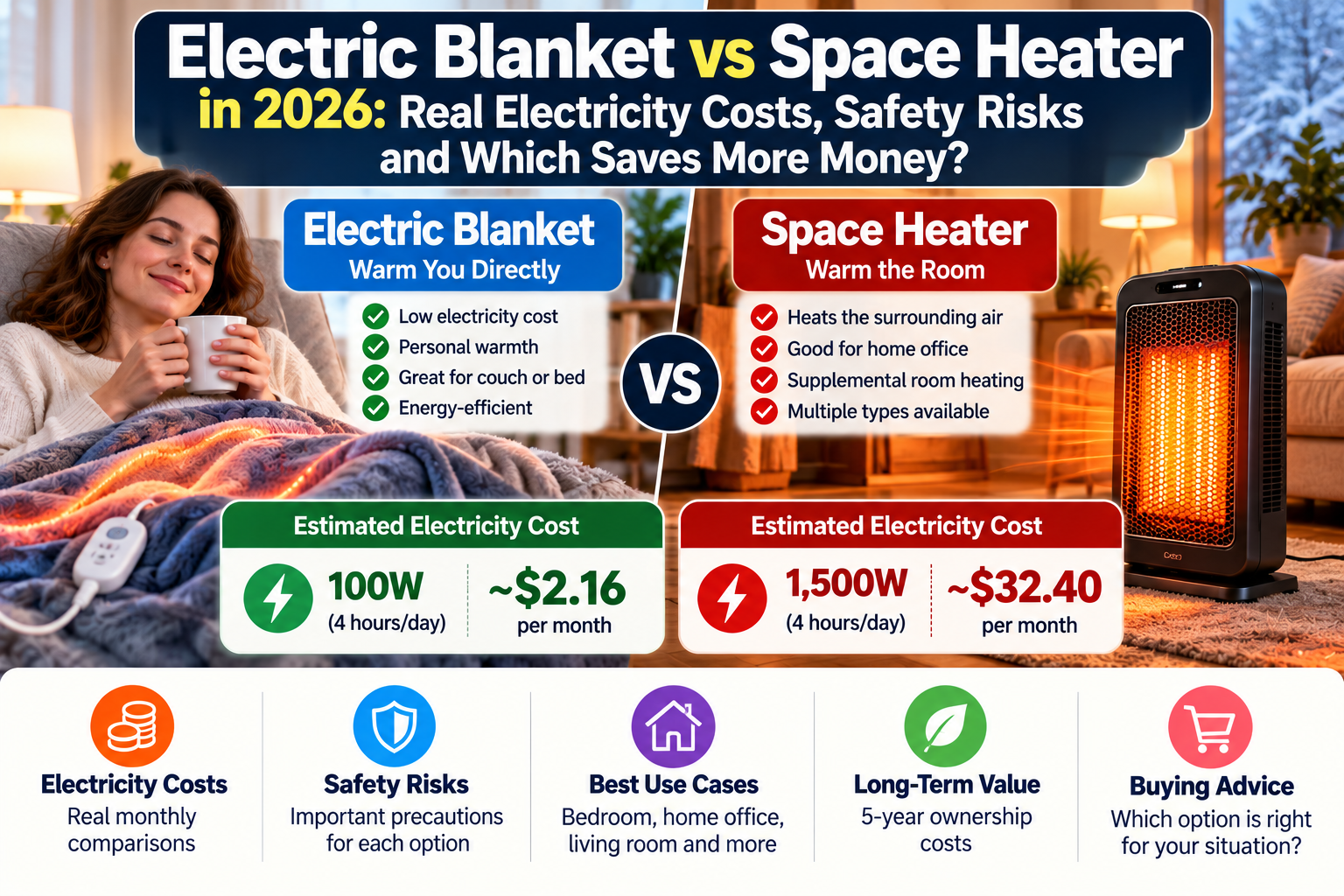 Electric blanket vs space heater in 2026 comparing monthly electricity costs, heating performance, safety risks and five-year ownership value.