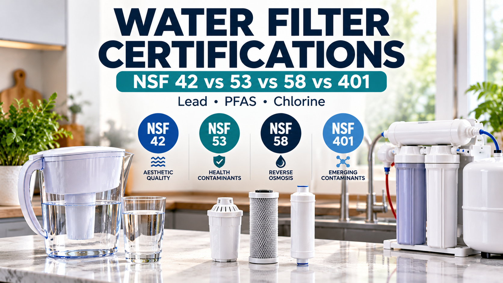 Comparison of NSF 42, 53, 58 and 401 water filter certifications for chlorine, lead, PFAS and other contaminants.