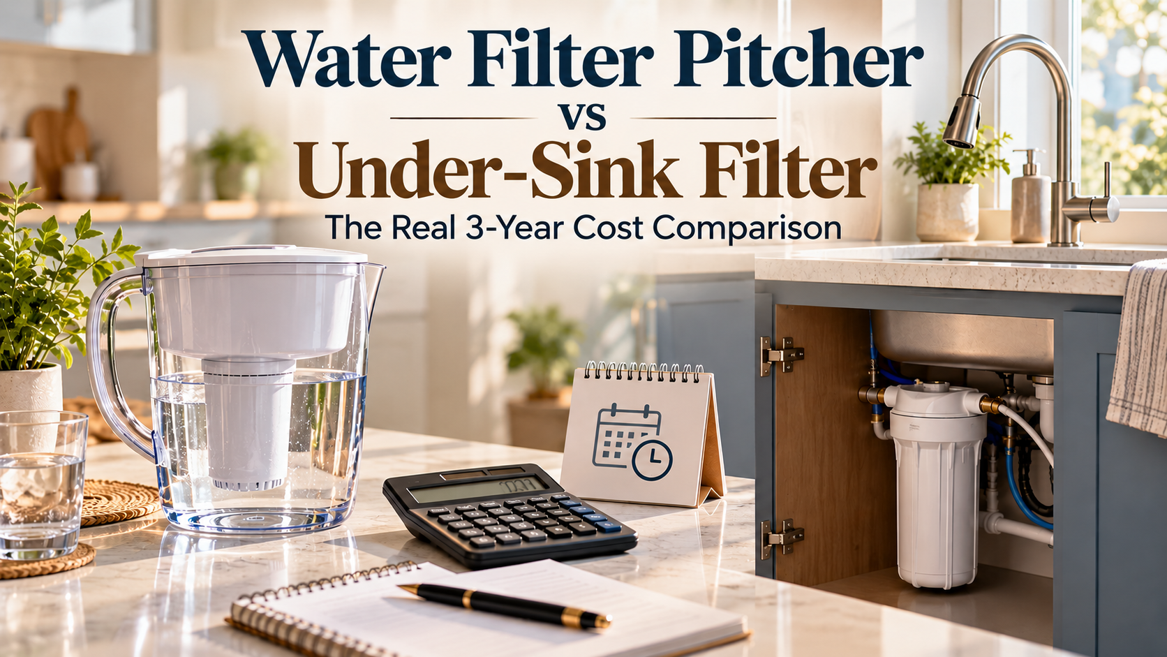 Water filter pitcher versus under-sink water filtration system in a modern kitchen, illustrating three-year ownership costs.