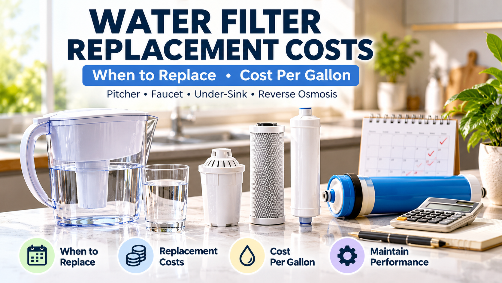 Water filter replacement cartridges, pitcher, calculator, and calendar illustrating replacement costs and cost per gallon.