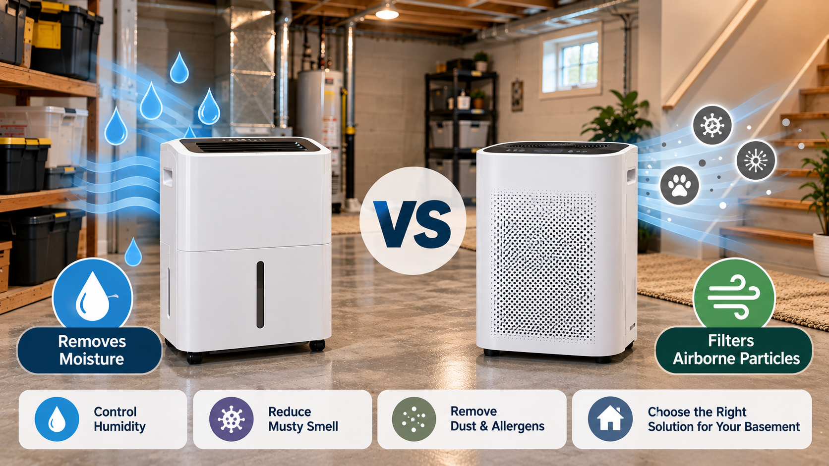 Dehumidifier versus air purifier in a residential basement, comparing moisture control with airborne particle filtration.
