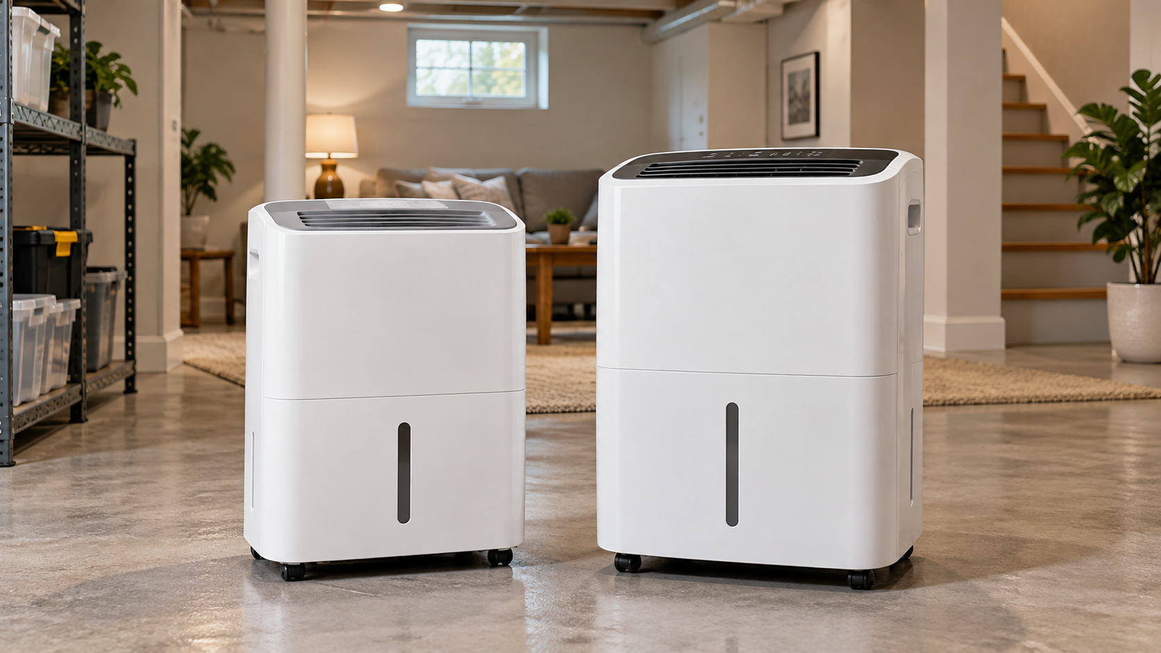 Two white portable dehumidifiers displayed side by side in a residential basement, illustrating a comparison of dehumidifier sizes.