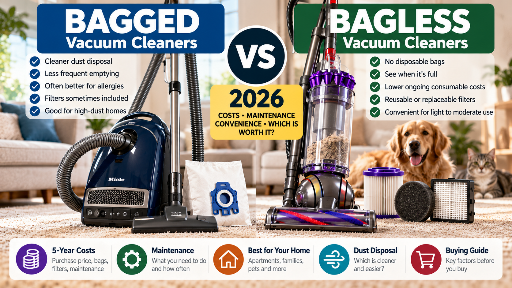 Bagged vs bagless vacuum cleaners in 2026, comparing five-year ownership costs, replacement bags and filters, maintenance, dust disposal and household suitability