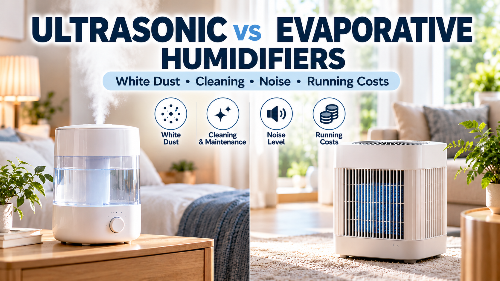 Ultrasonic vs evaporative humidifiers comparison showing white dust, cleaning, noise and operating costs.