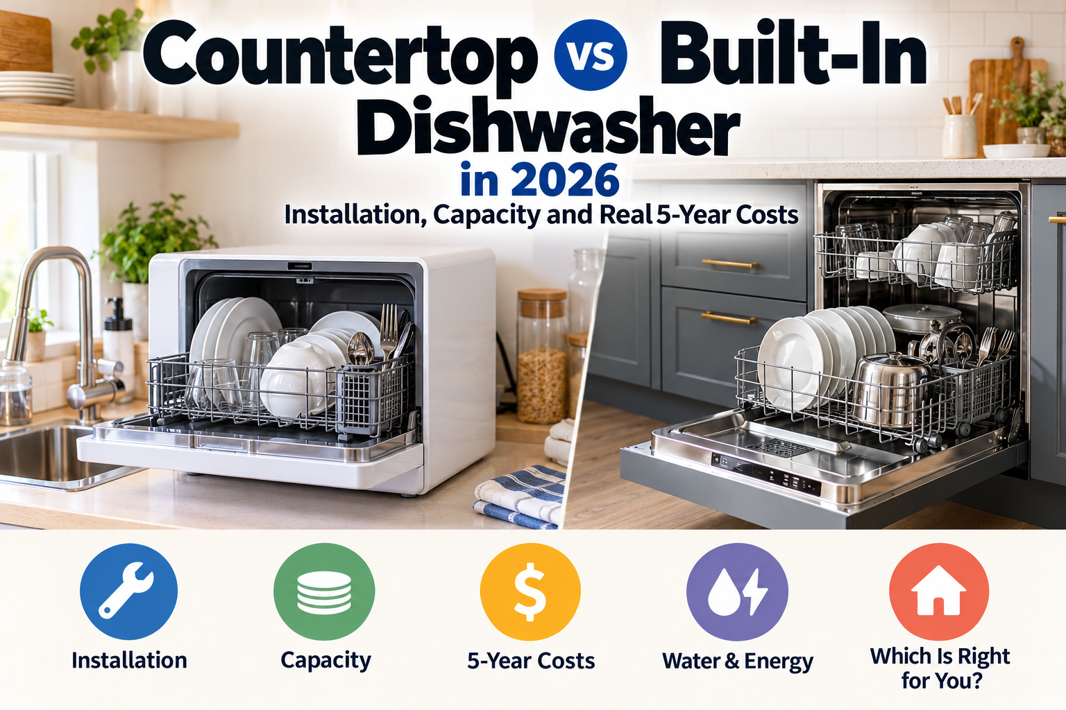 Countertop vs built-in dishwasher comparison in 2026, showing installation, capacity, five-year ownership costs, and water and energy efficiency in a modern kitchen.