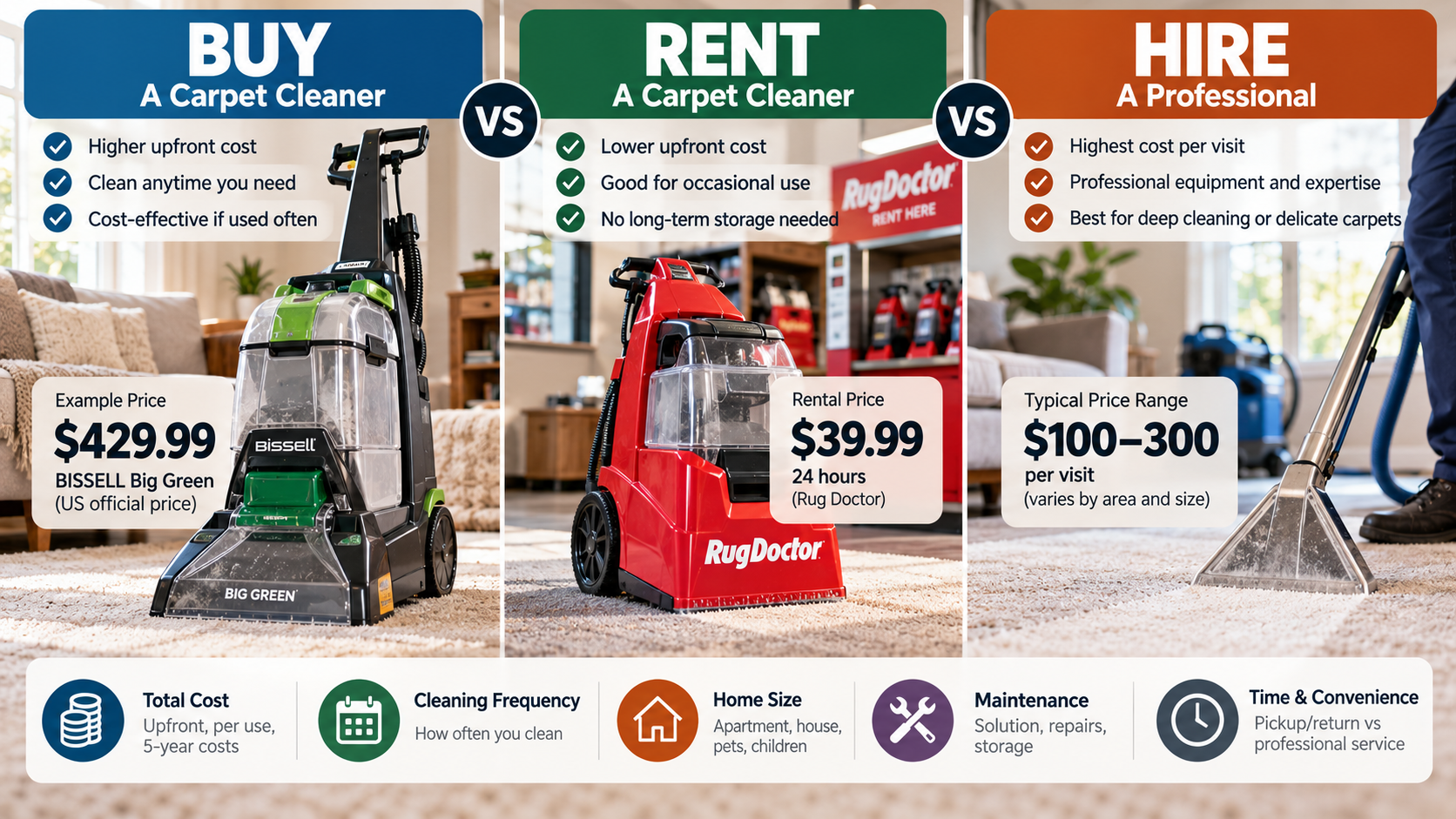 Buy vs rent vs hire a professional carpet cleaner in 2026, comparing upfront prices, cleaning frequency, maintenance, convenience and five-year costs